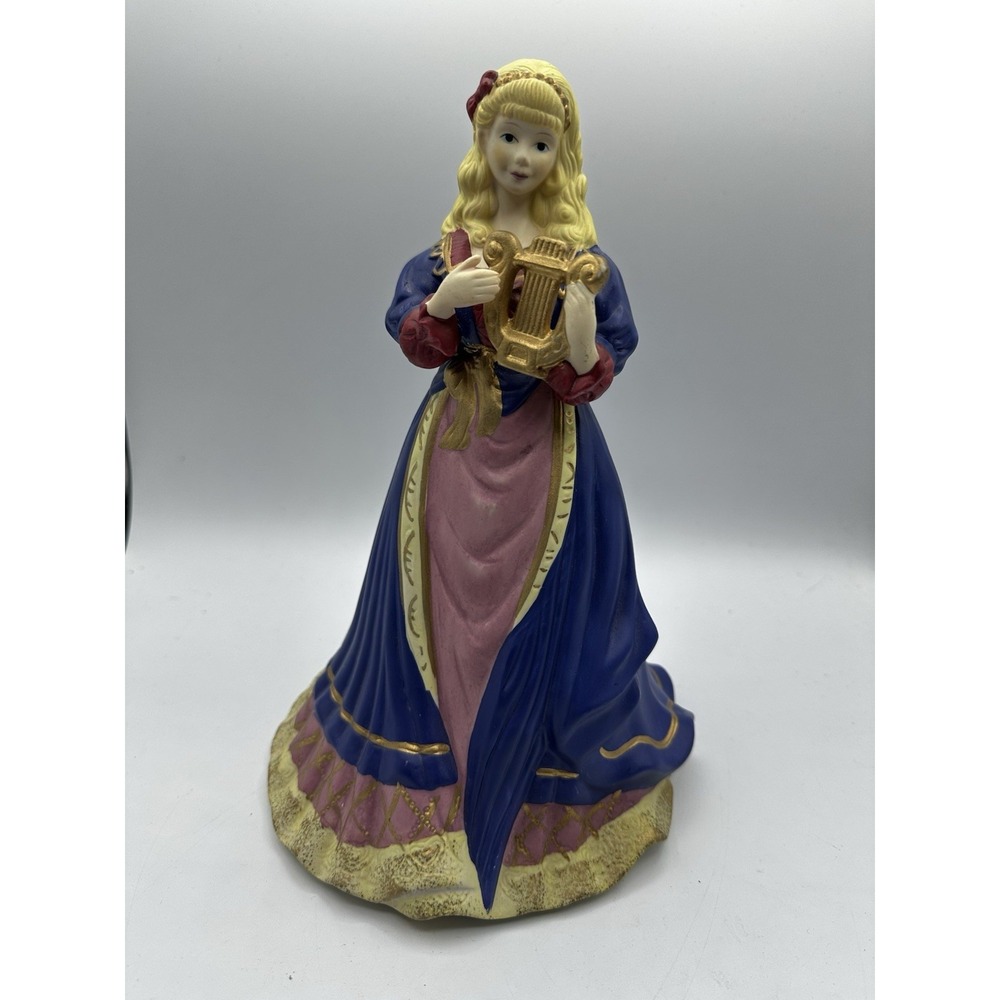 Victorian Lady Music Box Figurine Blue Pink Gown Lyre Gold Accents Gold Trim
